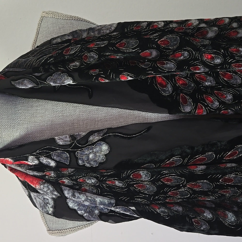 VINTAGE 90s Peacock Silk Velvet Burnout Shawl Scarf